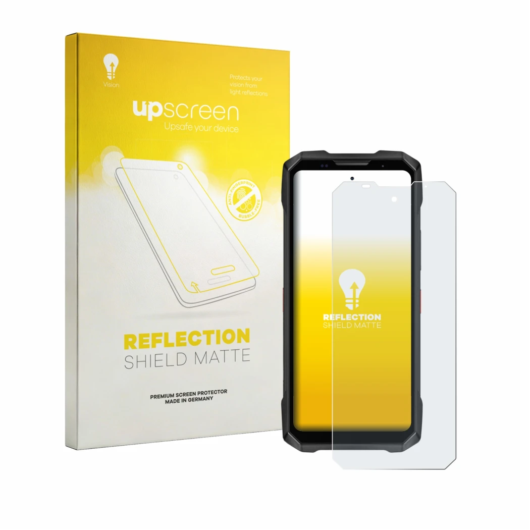 Parte frontal de un envase de producto con el logotipo de la marca upscreen. Al lado se muestra el dispositivo Doogee V Max 2