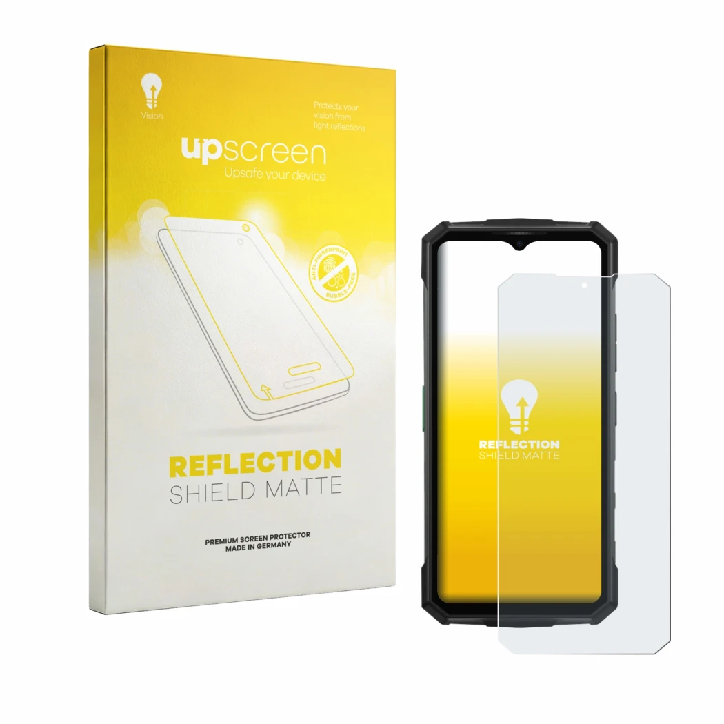 Parte frontal de un envase de producto con el logotipo de la marca upscreen. Al lado se muestra el dispositivo Doogee Fire 7 P