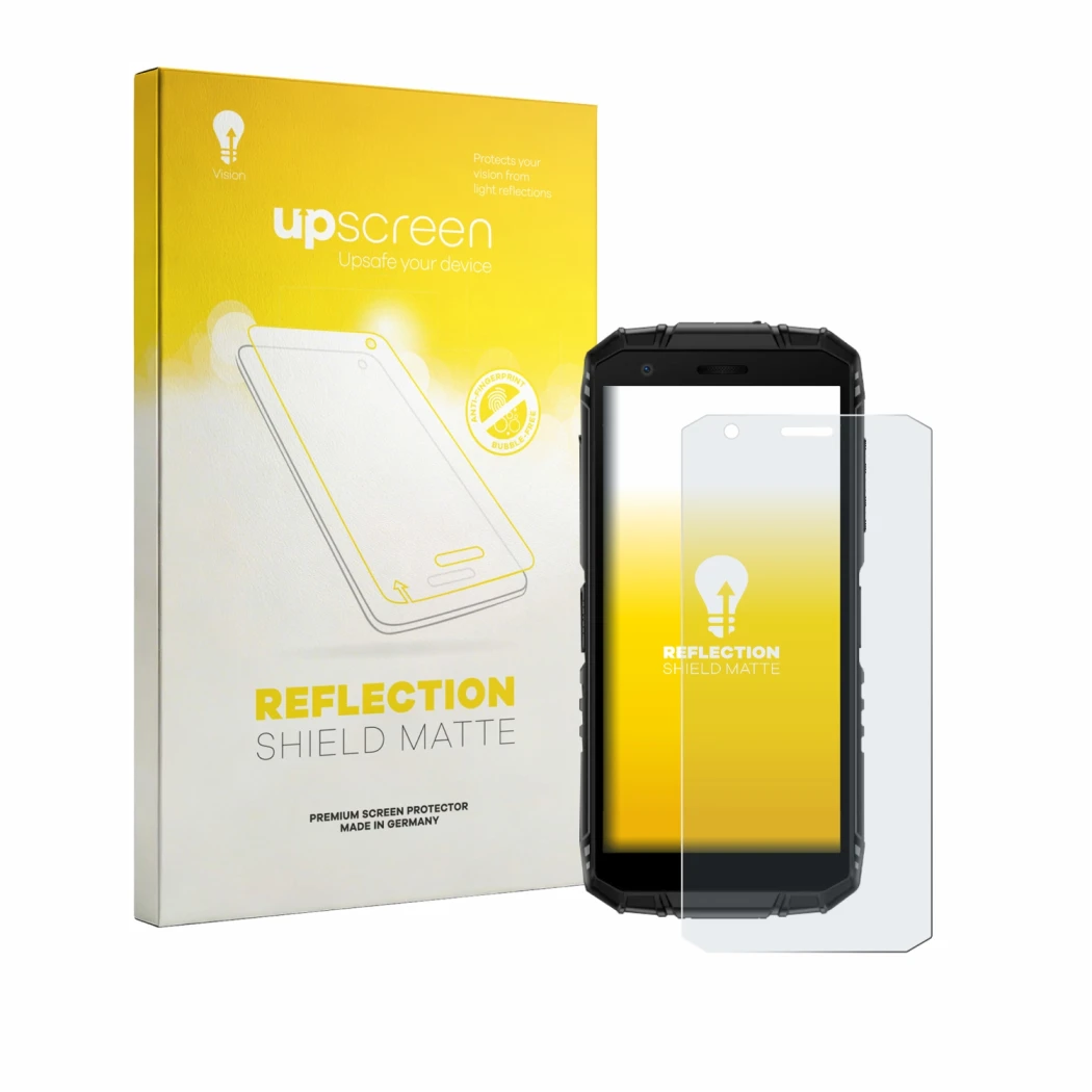 Parte frontal de un envase de producto con el logotipo de la marca upscreen. Al lado se muestra el dispositivo Doogee Fire 3 c