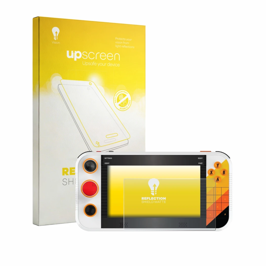 Parte frontal de un envase de producto con el logotipo de la marca upscreen. Al lado se muestra el dispositivo My Arcade Atari