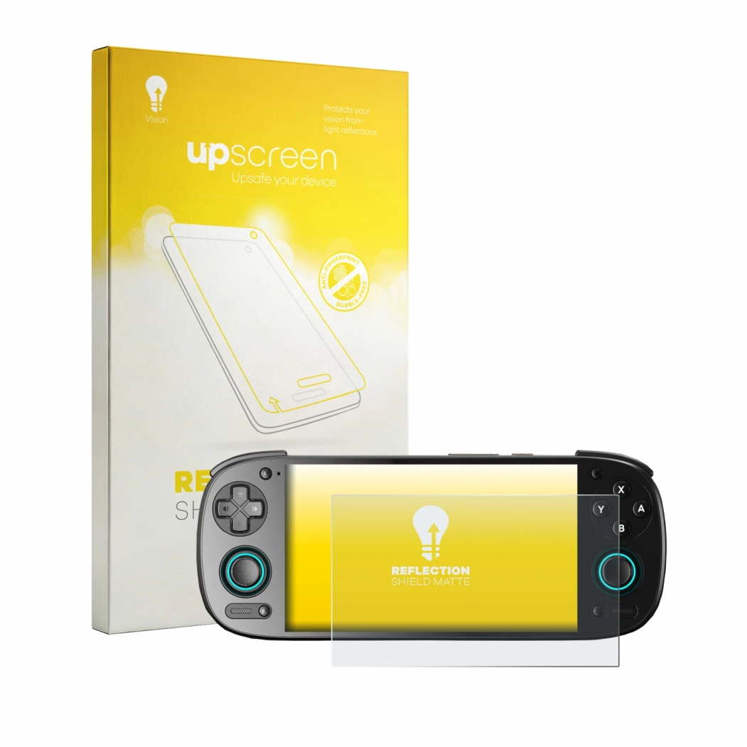Parte frontal de un envase de producto con el logotipo de la marca upscreen. Al lado se muestra el dispositivo Retroid Pocket