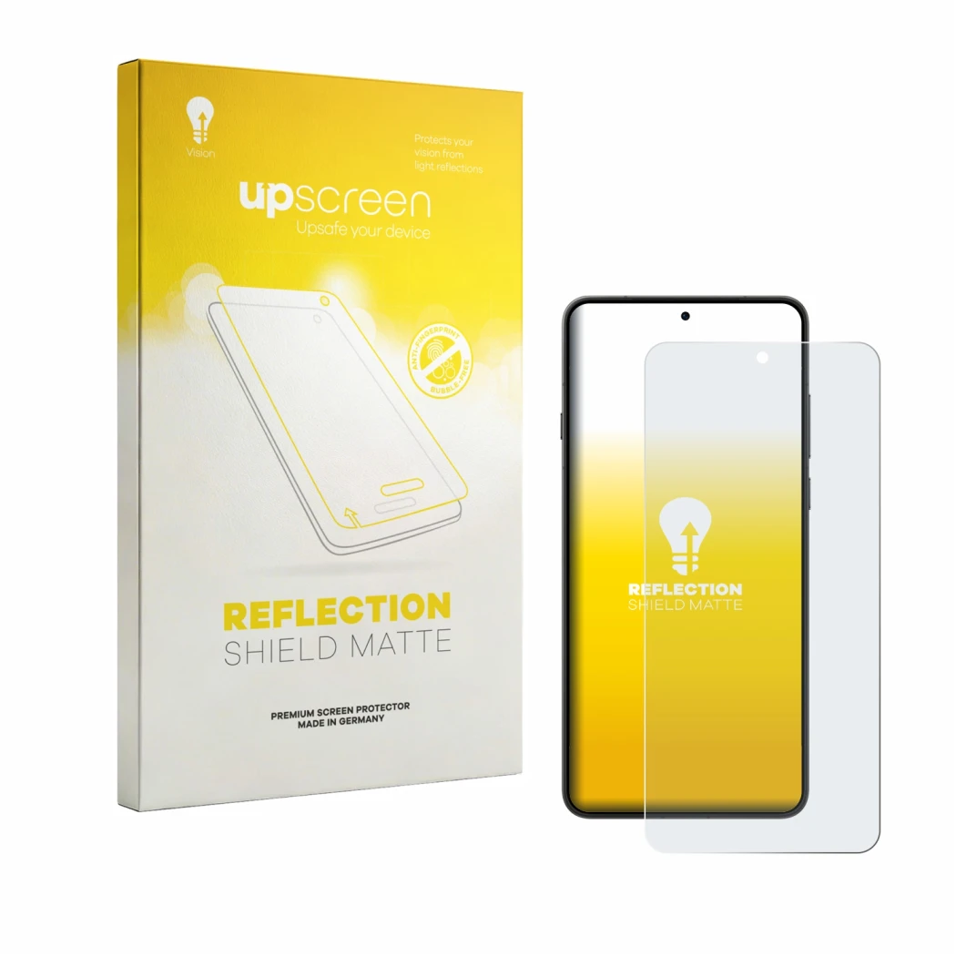 Parte frontal de un envase de producto con el logotipo de la marca upscreen. Al lado se muestra el dispositivo Oppo Find X9 Ul