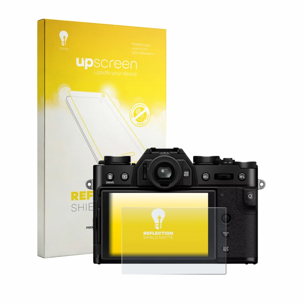 Parte frontal de un envase de producto con el logotipo de la marca upscreen. Al lado se muestra el dispositivo Fujifilm X-T30