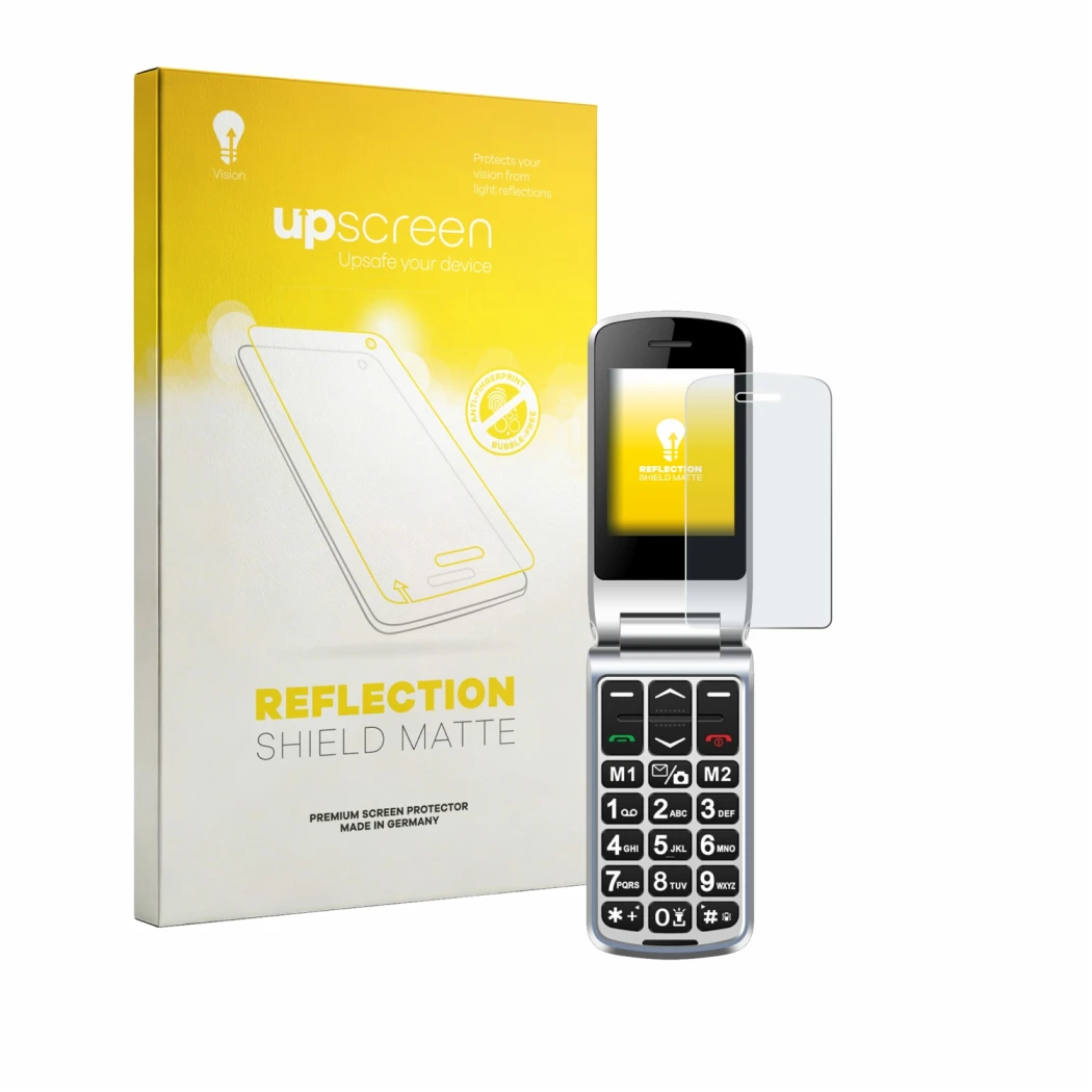 Parte frontal de un envase de producto con el logotipo de la marca upscreen. Al lado se muestra el dispositivo Sweetlink F1PLU
