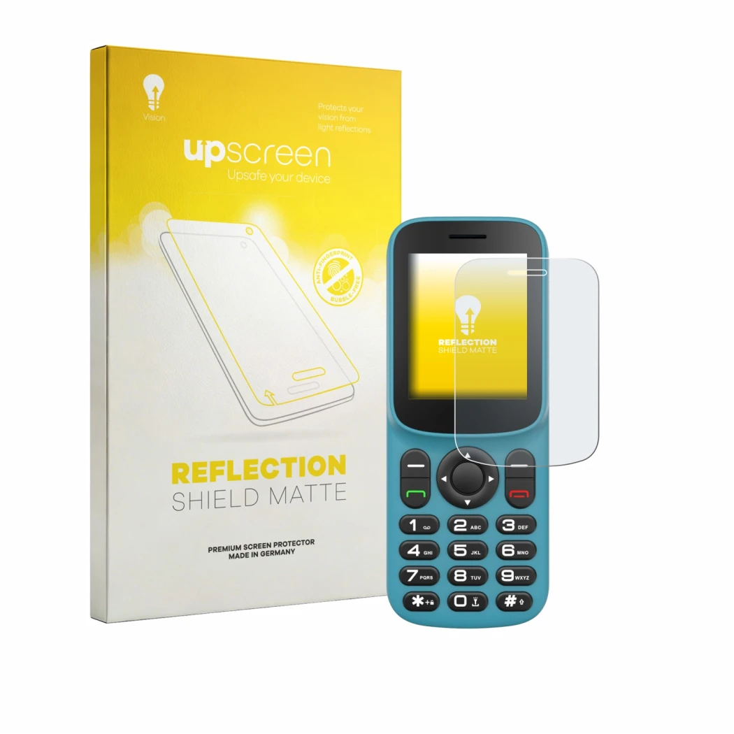 Parte frontal de un envase de producto con el logotipo de la marca upscreen. Al lado se muestra el dispositivo Uleway T185 con