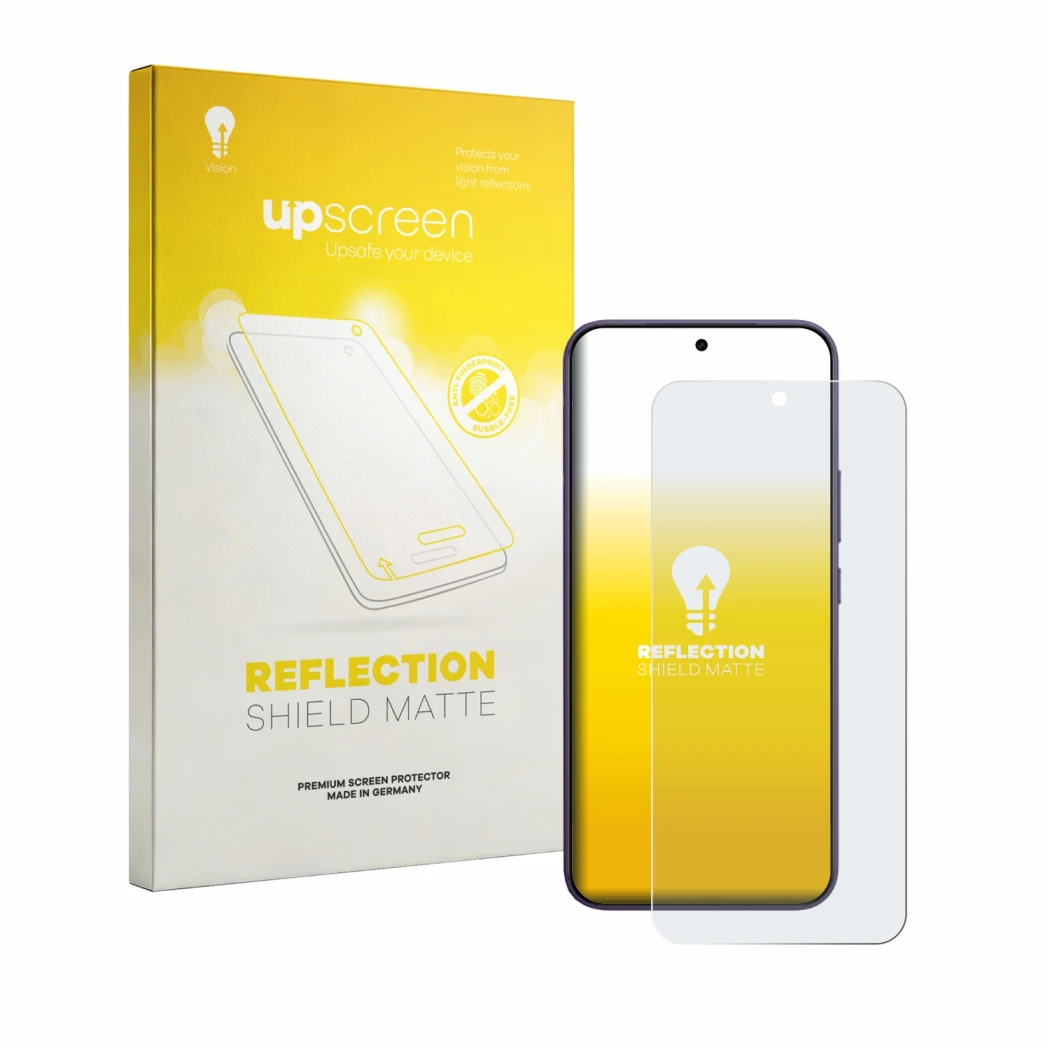 Parte frontal de un envase de producto con el logotipo de la marca upscreen. Al lado se muestra el dispositivo Vivo Y600 Pro c