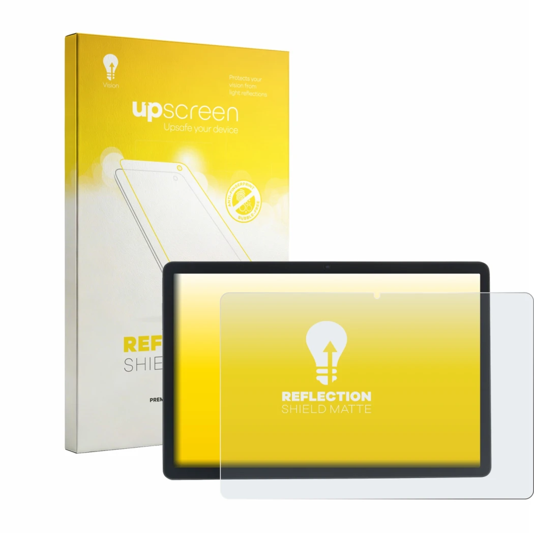 Parte frontal de un envase de producto con el logotipo de la marca upscreen. Al lado se muestra el dispositivo Acepad A172 con