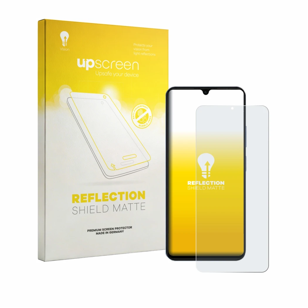 Parte frontal de un envase de producto con el logotipo de la marca upscreen. Al lado se muestra el dispositivo Blackview Wave