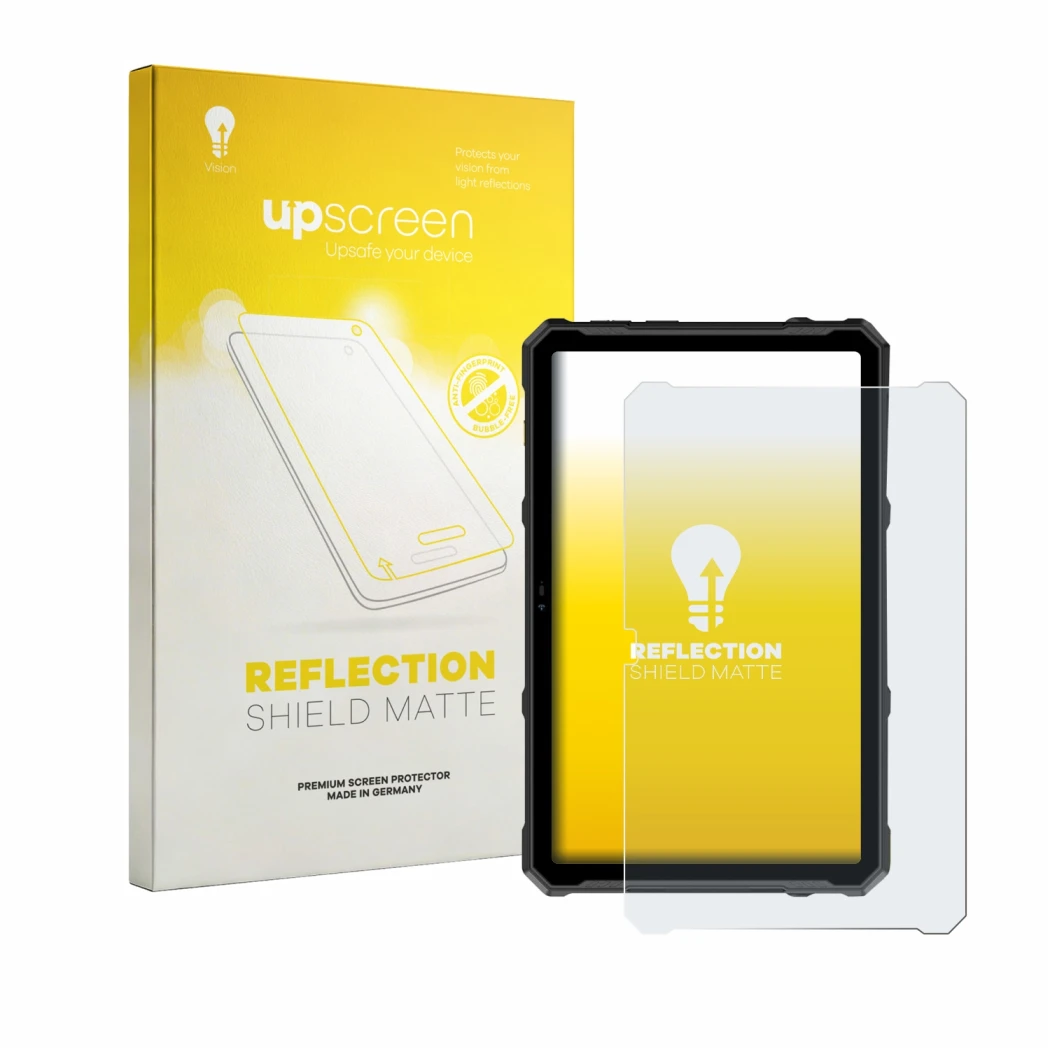Parte frontal de un envase de producto con el logotipo de la marca upscreen. Al lado se muestra el dispositivo Ulefone Armor P