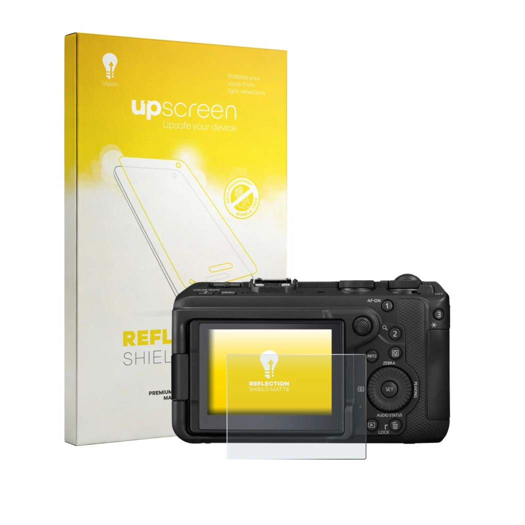 Parte frontal de un envase de producto con el logotipo de la marca upscreen. Al lado se muestra el dispositivo Canon EOS R6 V 