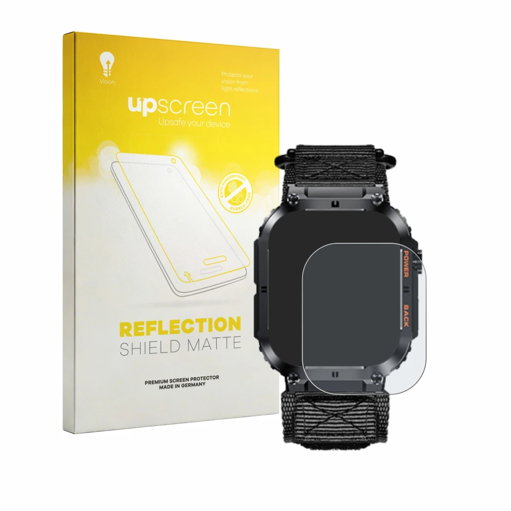 Parte frontal de un envase de producto con el logotipo de la marca upscreen. Al lado se muestra el dispositivo Megalith K57PRO