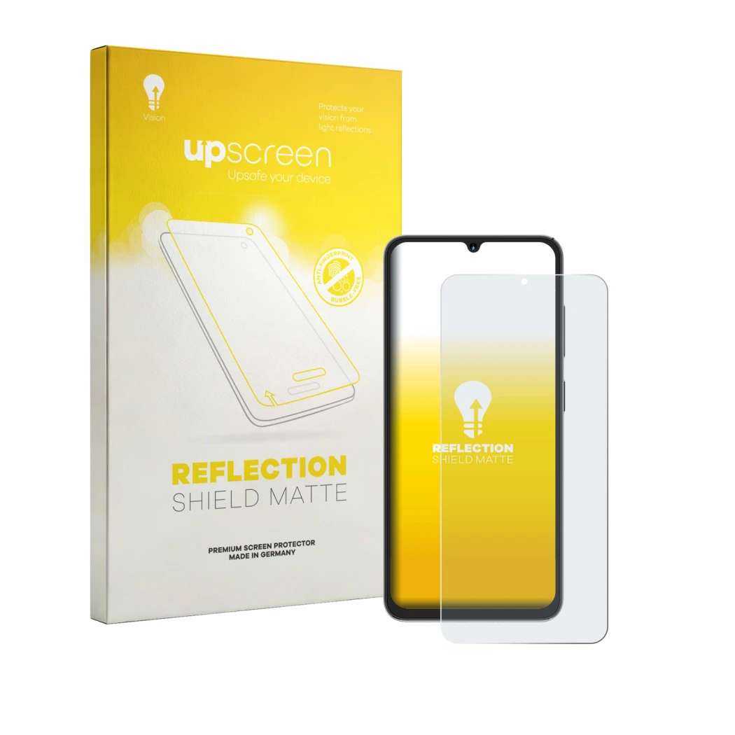 Parte frontal de un envase de producto con el logotipo de la marca upscreen. Al lado se muestra el dispositivo Hotwav A16 Pro 