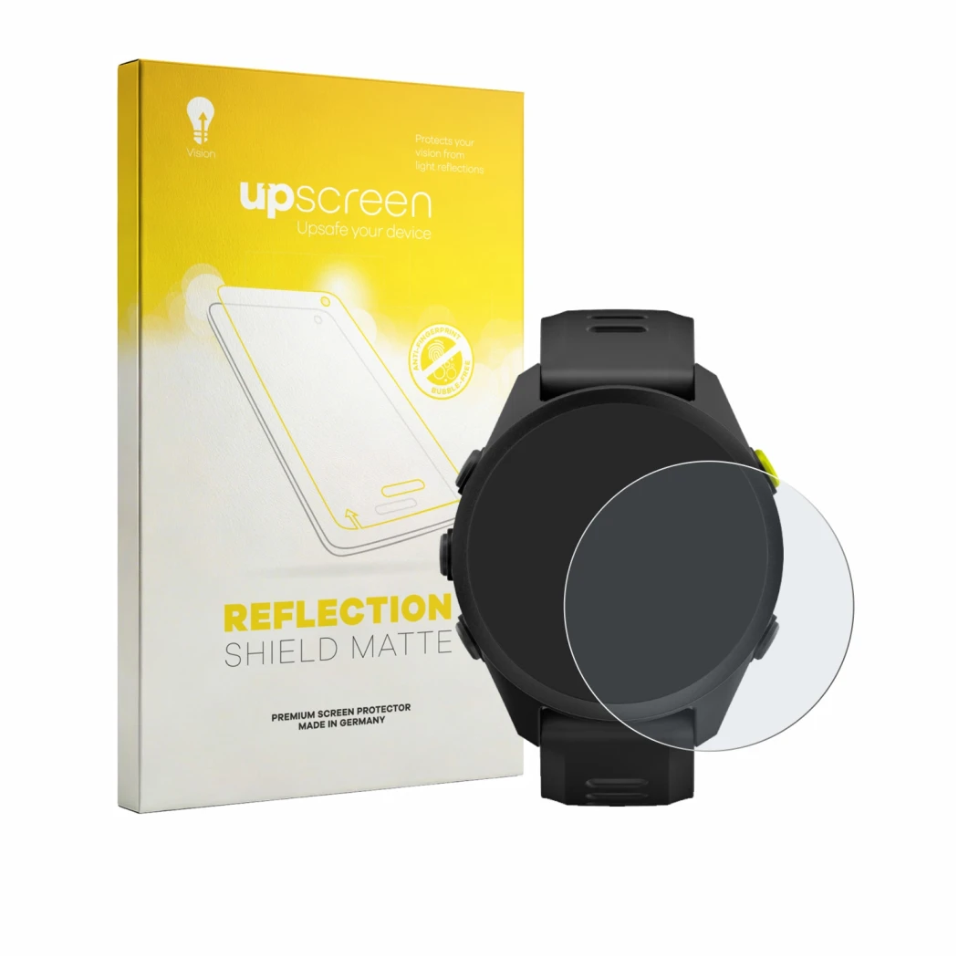 Parte frontal de un envase de producto con el logotipo de la marca upscreen. Al lado se muestra el dispositivo Garmin Forerunn