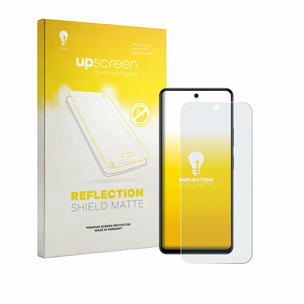Parte frontal de un envase de producto con el logotipo de la marca upscreen. Al lado se muestra el dispositivo Infinix Hot 70 