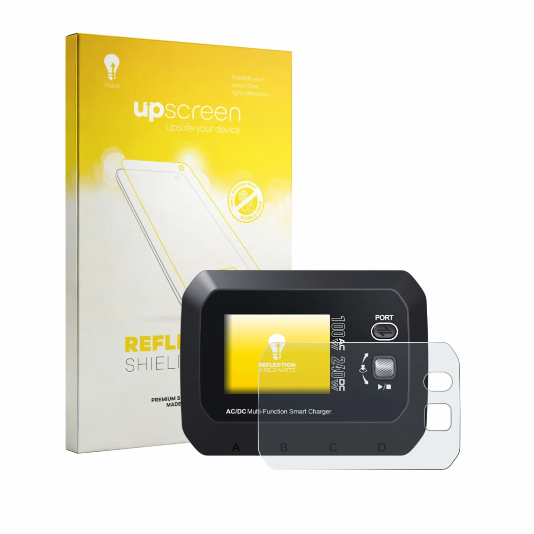 Parte frontal de un envase de producto con el logotipo de la marca upscreen. Al lado se muestra el dispositivo SkyRc Q100 Neo