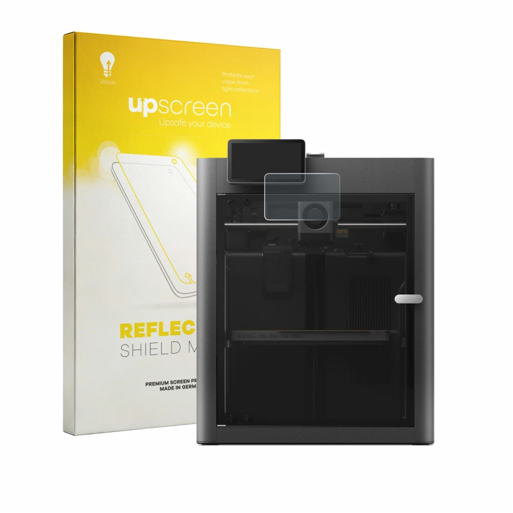 Parte frontal de un envase de producto con el logotipo de la marca upscreen. Al lado se muestra el dispositivo Bambu Lab X2D c