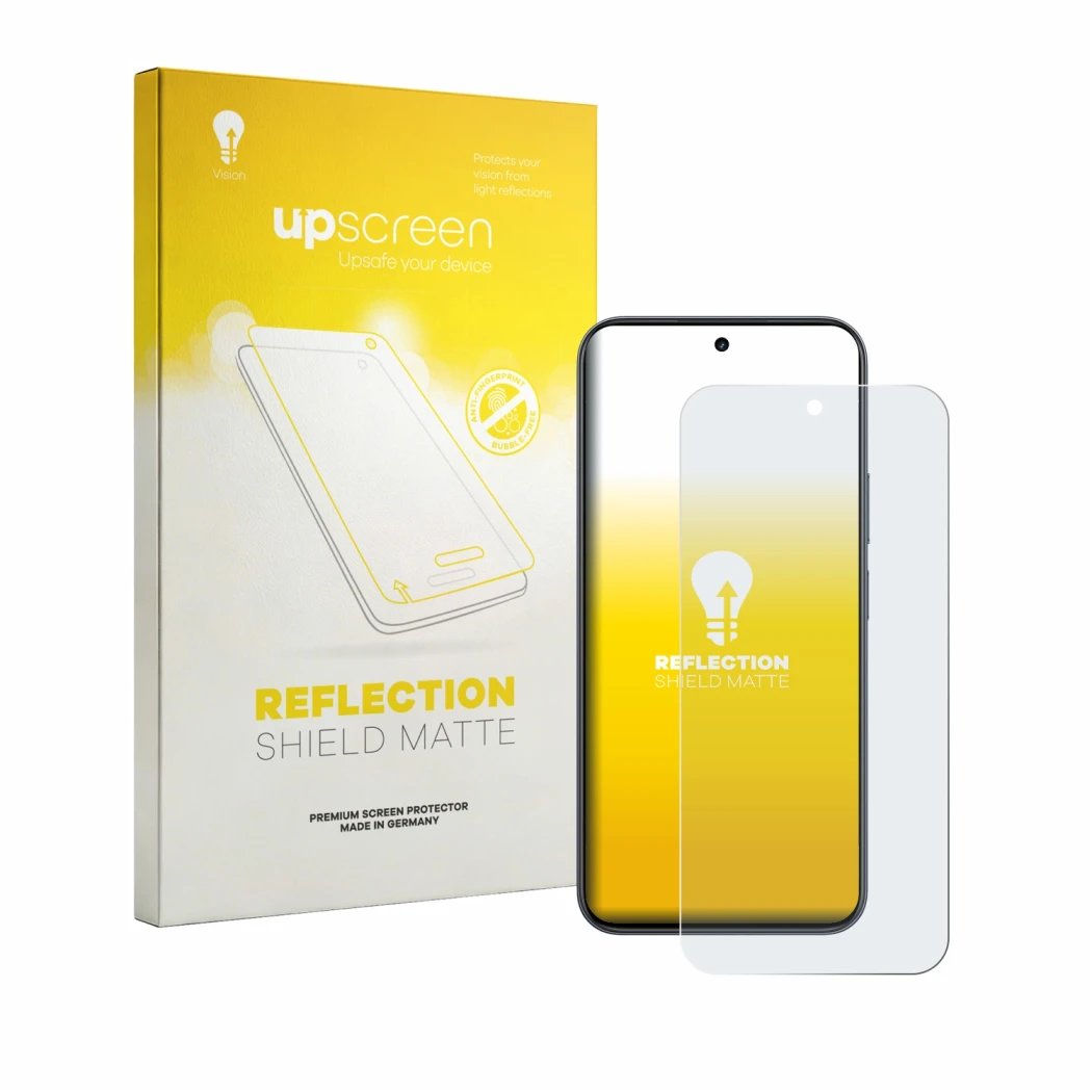 Parte frontal de un envase de producto con el logotipo de la marca upscreen. Al lado se muestra el dispositivo realme 16T 5G c