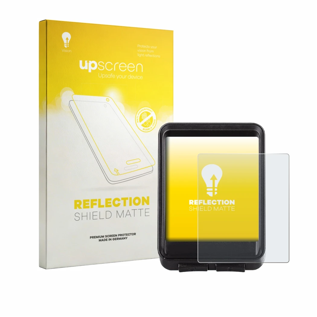 Parte frontal de un envase de producto con el logotipo de la marca upscreen. Al lado se muestra el dispositivo OHFAMO IC321 co