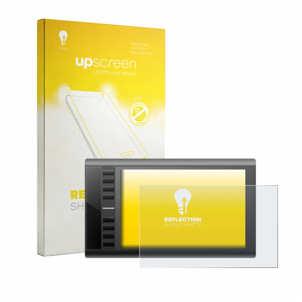 Parte frontal de un envase de producto con el logotipo de la marca upscreen. Al lado se muestra el dispositivo Ugee M708 con s