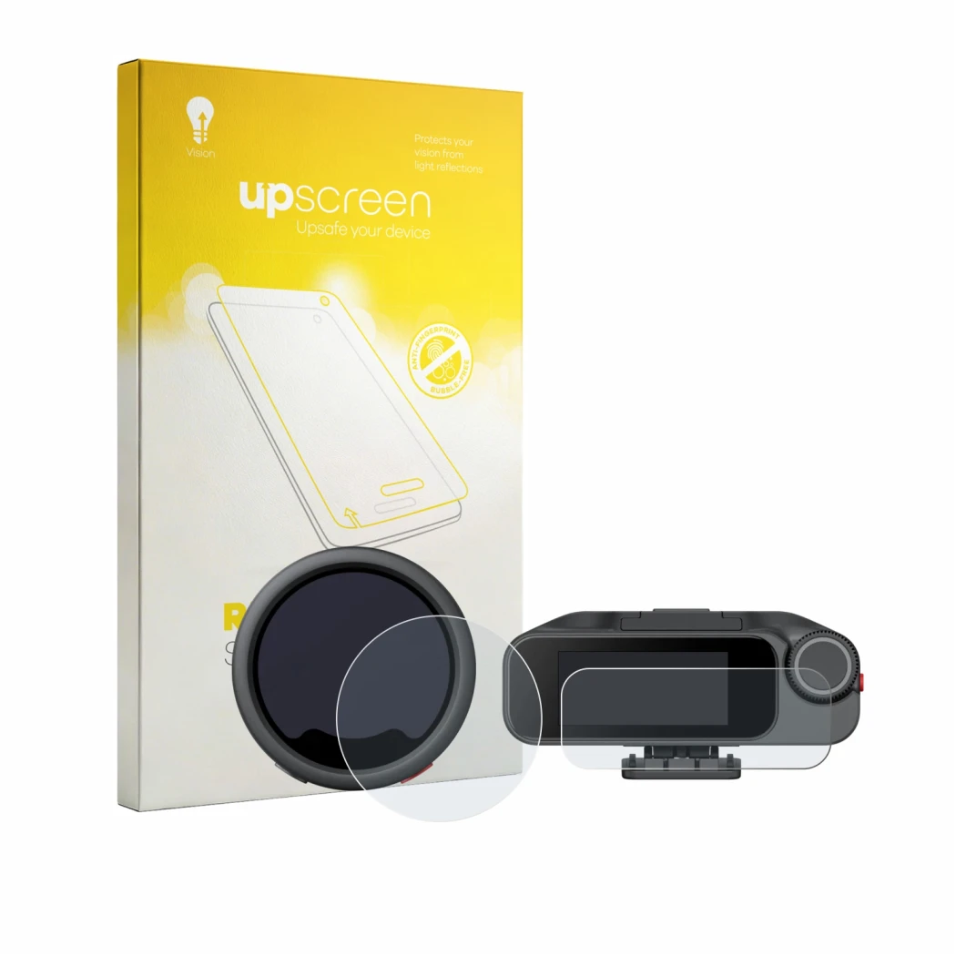 Parte frontal de un envase de producto con el logotipo de la marca upscreen. Al lado se muestra el dispositivo Insta360 Mic Pr