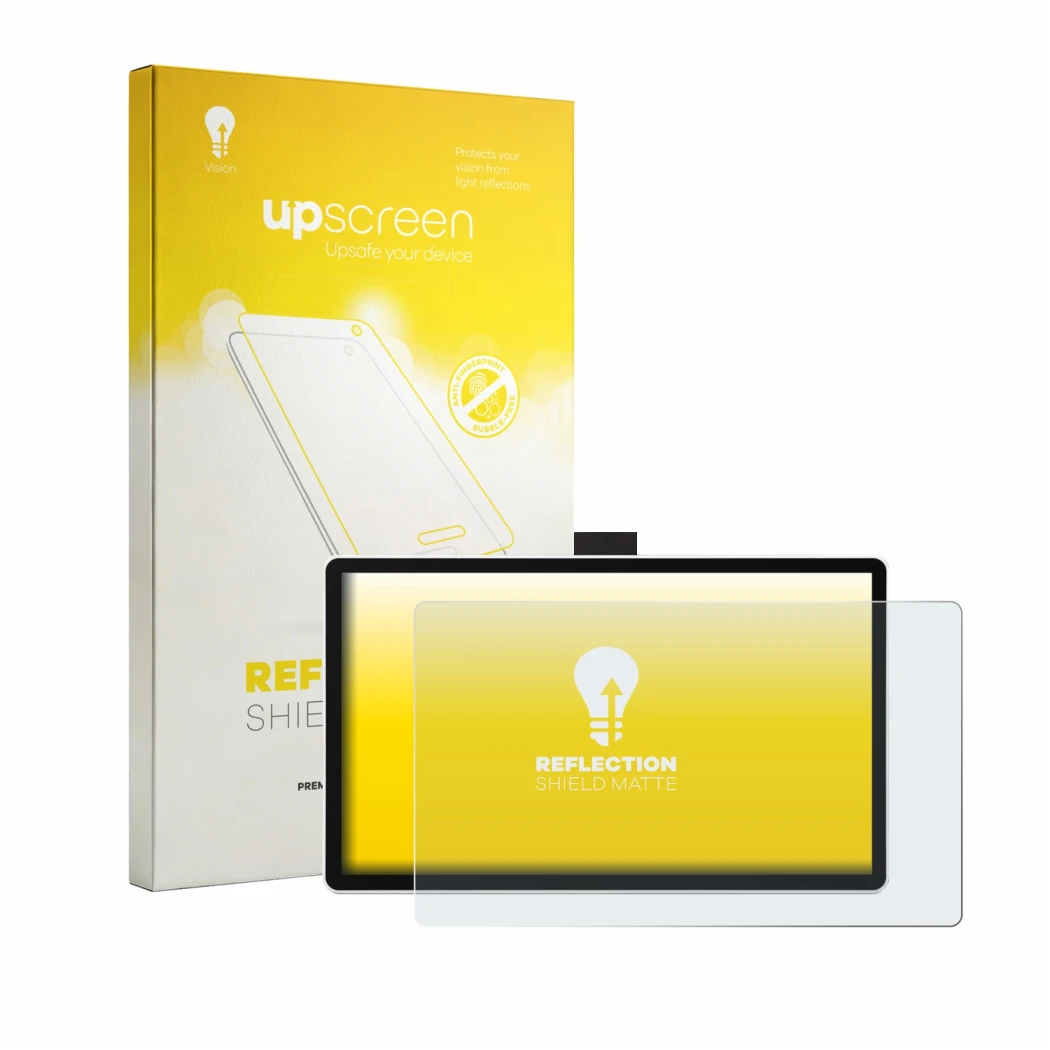 Parte frontal de un envase de producto con el logotipo de la marca upscreen. Al lado se muestra el dispositivo Wacom One 14 co