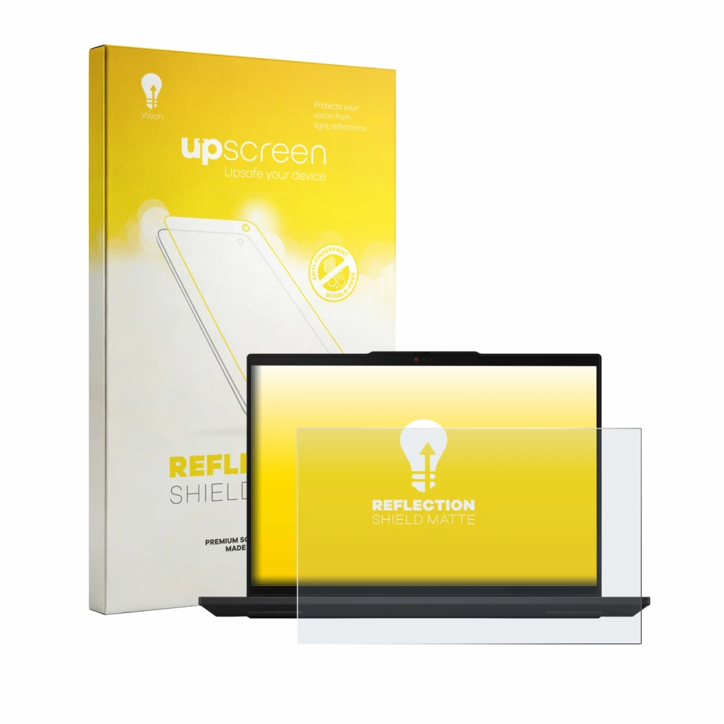 Parte frontal de un envase de producto con el logotipo de la marca upscreen. Al lado se muestra el dispositivo Lenovo ThinkPad