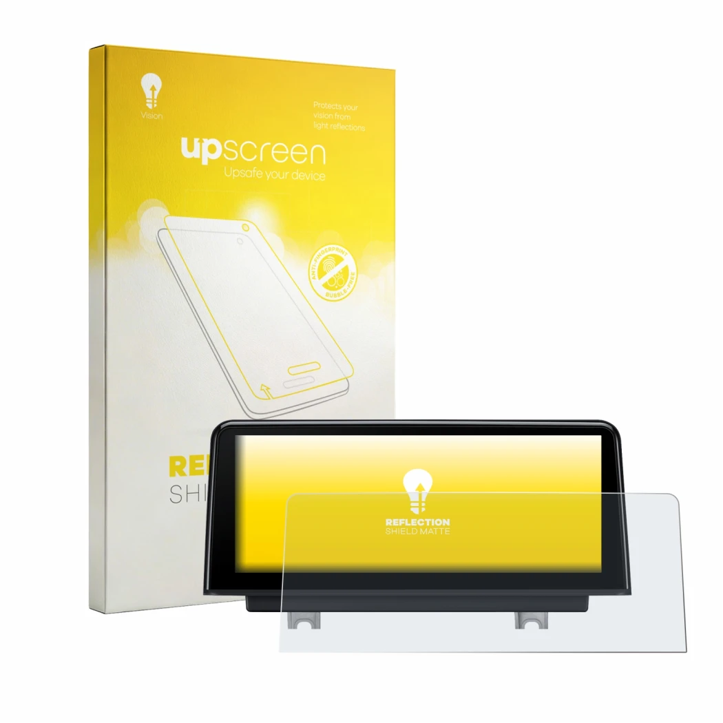 Parte frontal de un envase de producto con el logotipo de la marca upscreen. Al lado se muestra el dispositivo Xtrons QBBH14NB