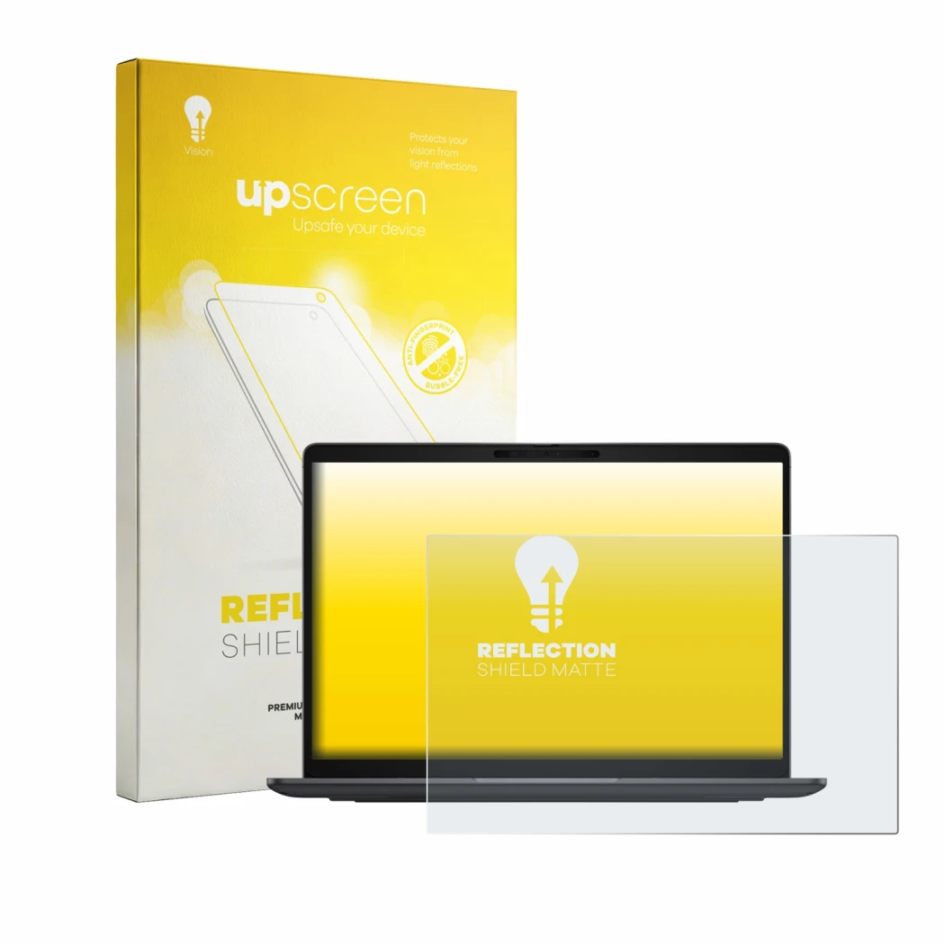 Parte frontal de un envase de producto con el logotipo de la marca upscreen. Al lado se muestra el dispositivo Dell Pro 7 Seri