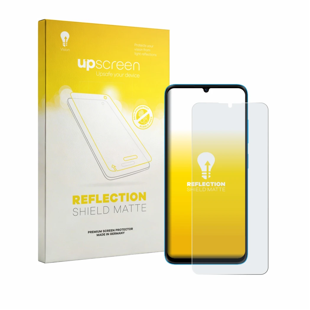 Parte frontal de un envase de producto con el logotipo de la marca upscreen. Al lado se muestra el dispositivo HMD Vibe 2 5G c