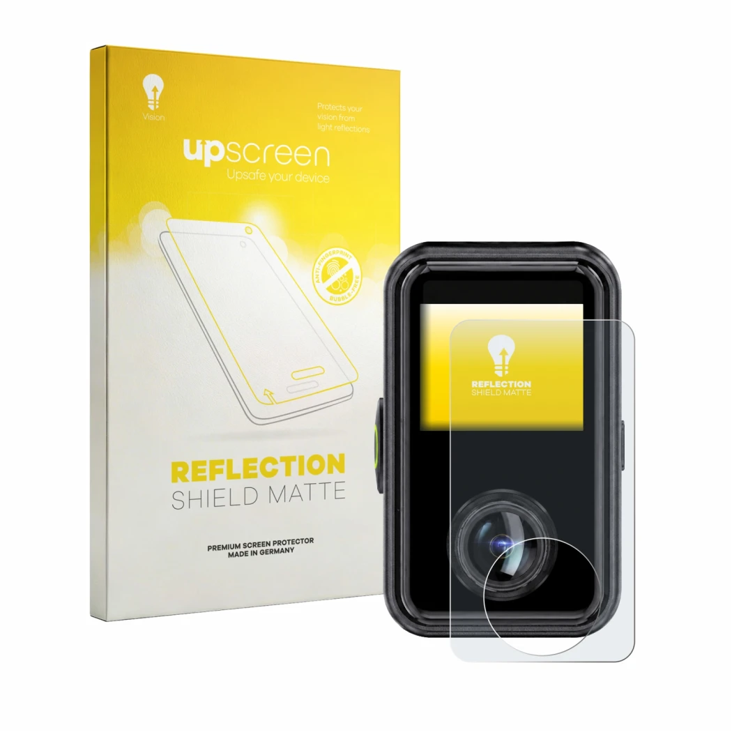 Parte frontal de un envase de producto con el logotipo de la marca upscreen. Al lado se muestra el dispositivo Vantrue E360 Ac