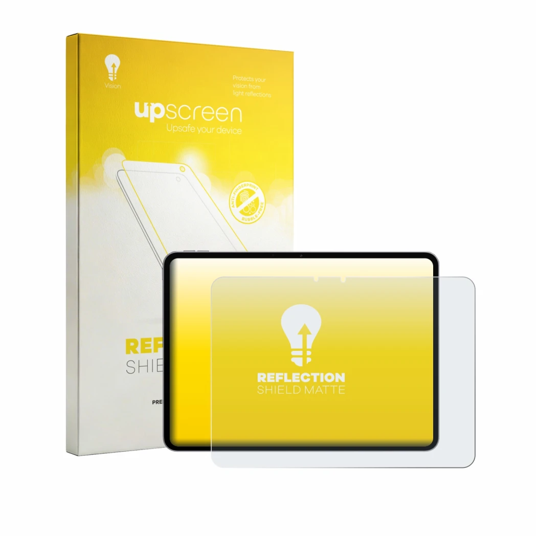 Parte frontal de un envase de producto con el logotipo de la marca upscreen. Al lado se muestra el dispositivo Oppo Pad 6 con