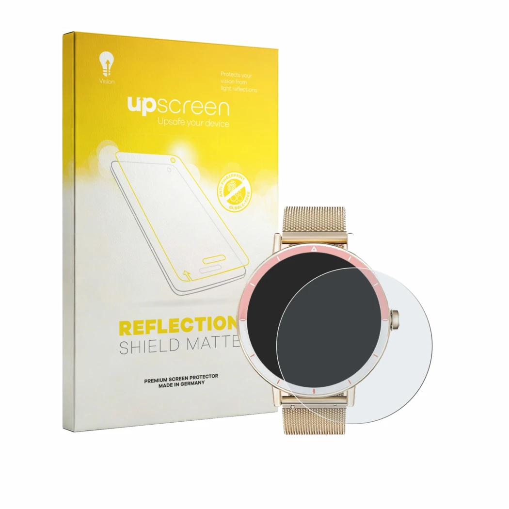 Parte frontal de un envase de producto con el logotipo de la marca upscreen. Al lado se muestra el dispositivo Keeponfit Smart