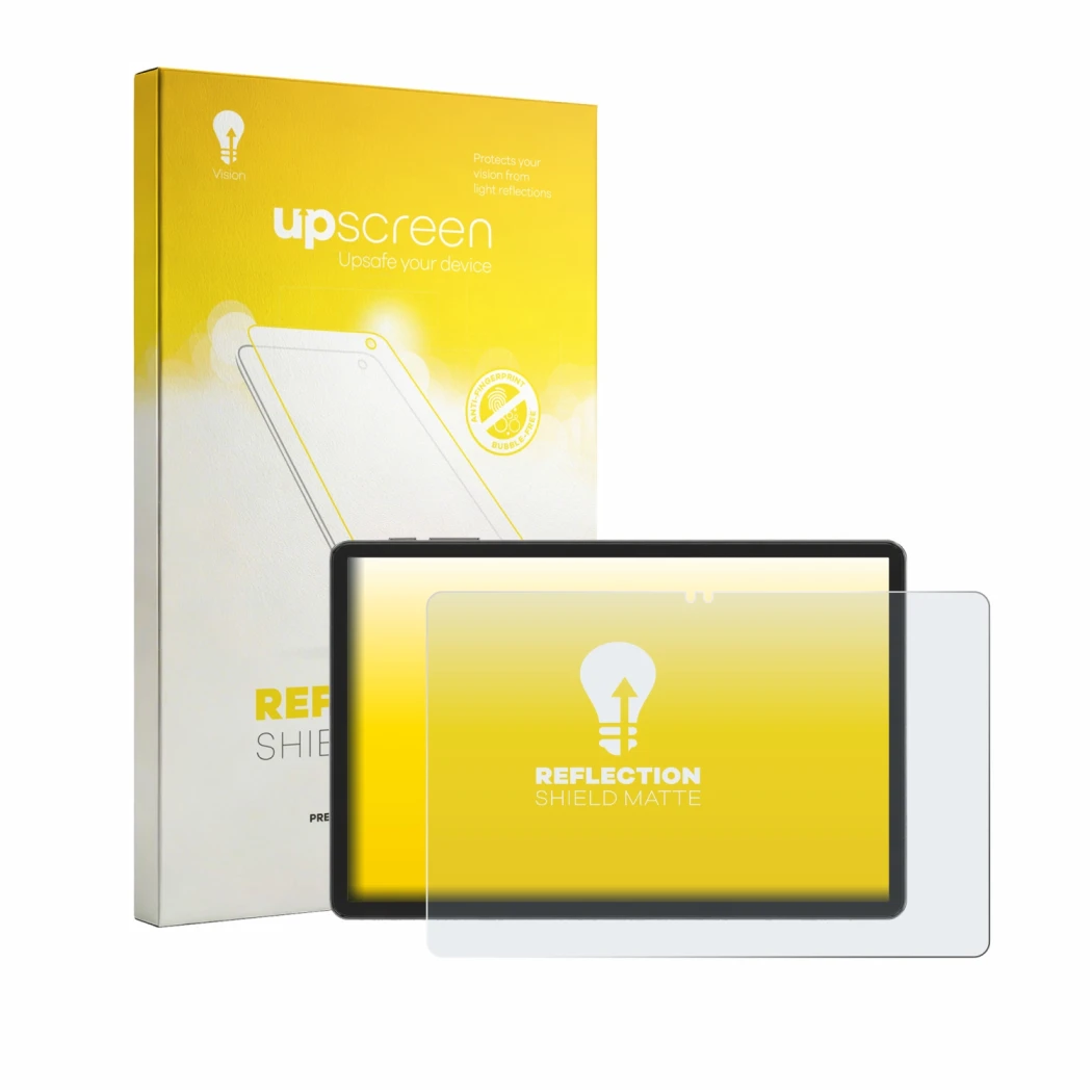 Parte frontal de un envase de producto con el logotipo de la marca upscreen. Al lado se muestra el dispositivo Blackview Tabwe