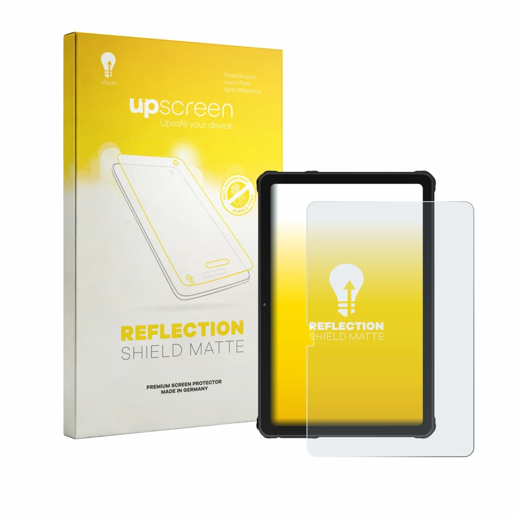 Parte frontal de un envase de producto con el logotipo de la marca upscreen. Al lado se muestra el dispositivo Oukitel RT10 co