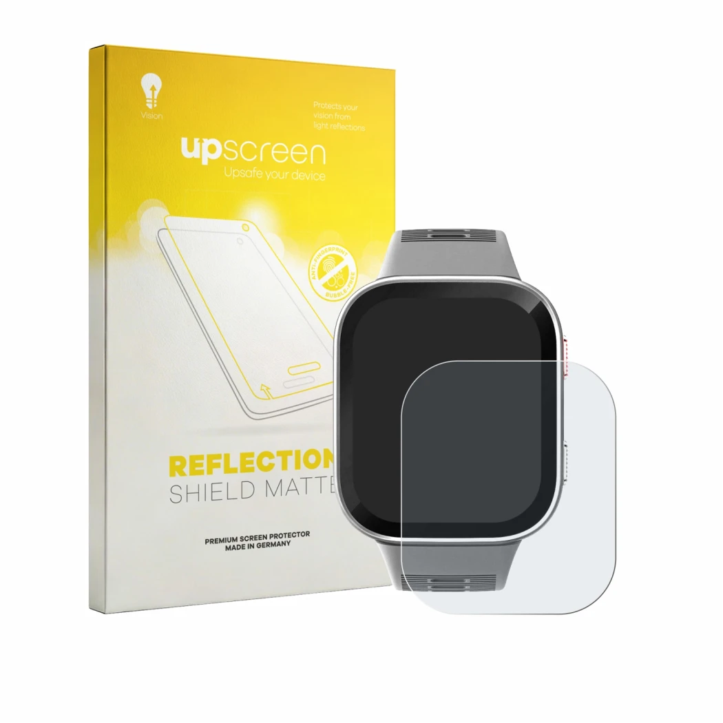 Parte frontal de un envase de producto con el logotipo de la marca upscreen. Al lado se muestra el dispositivo Amazfit Bip Max