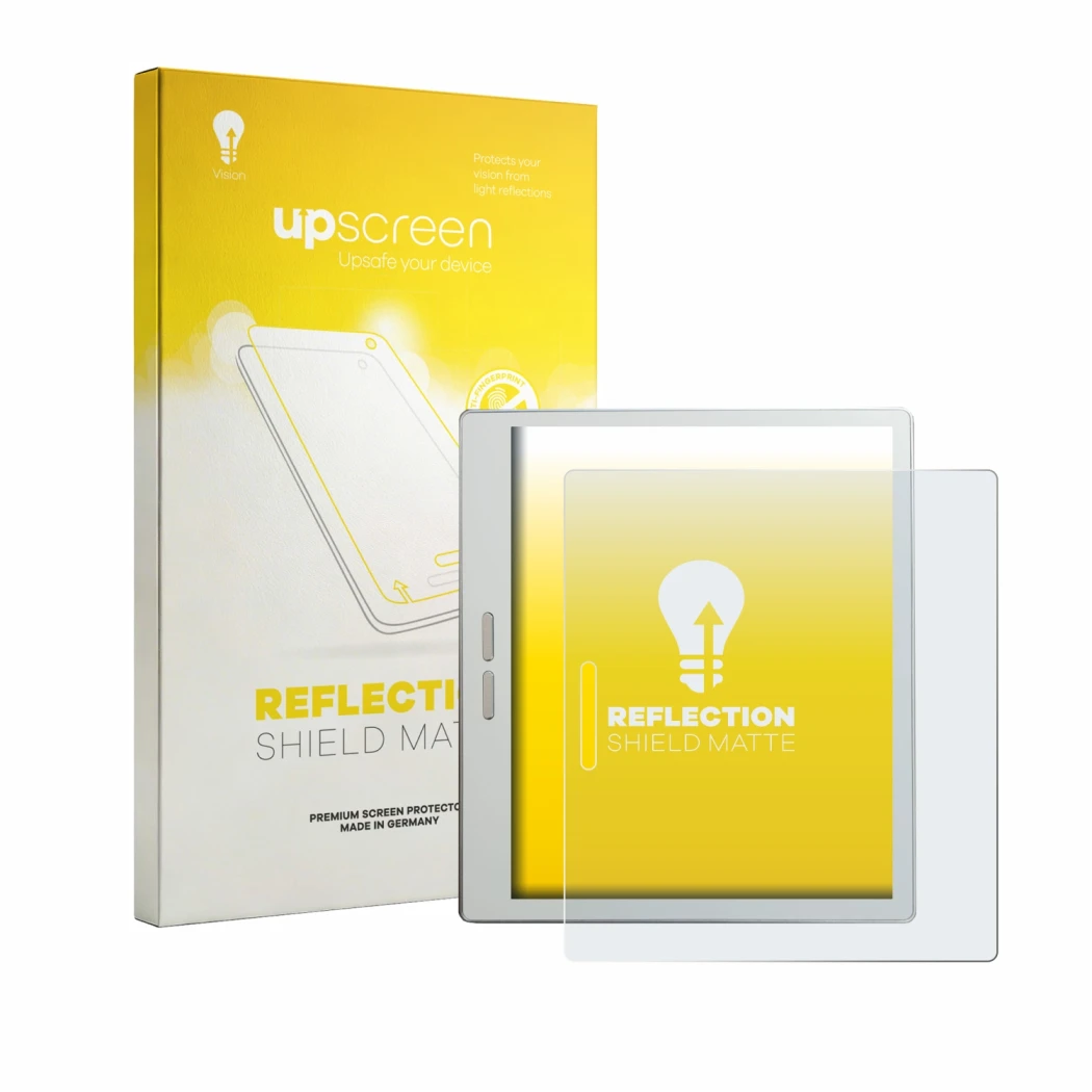 Parte frontal de un envase de producto con el logotipo de la marca upscreen. Al lado se muestra el dispositivo Bigme B7 Pro co