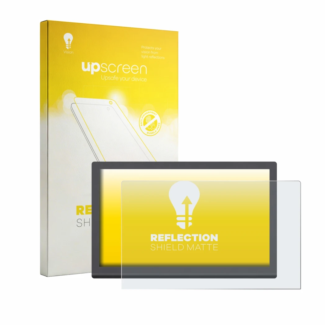 Parte frontal de un envase de producto con el logotipo de la marca upscreen. Al lado se muestra el dispositivo Gaomon Pro 19 c