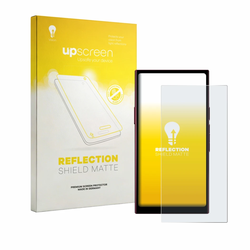 Parte frontal de un envase de producto con el logotipo de la marca upscreen. Al lado se muestra el dispositivo Hiby R8 II con