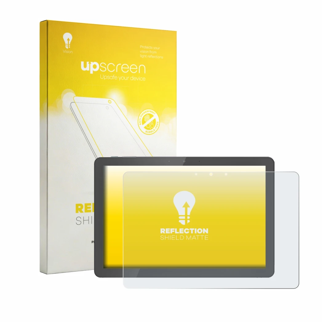 Parte frontal de un envase de producto con el logotipo de la marca upscreen. Al lado se muestra el dispositivo Awow Aibook 11