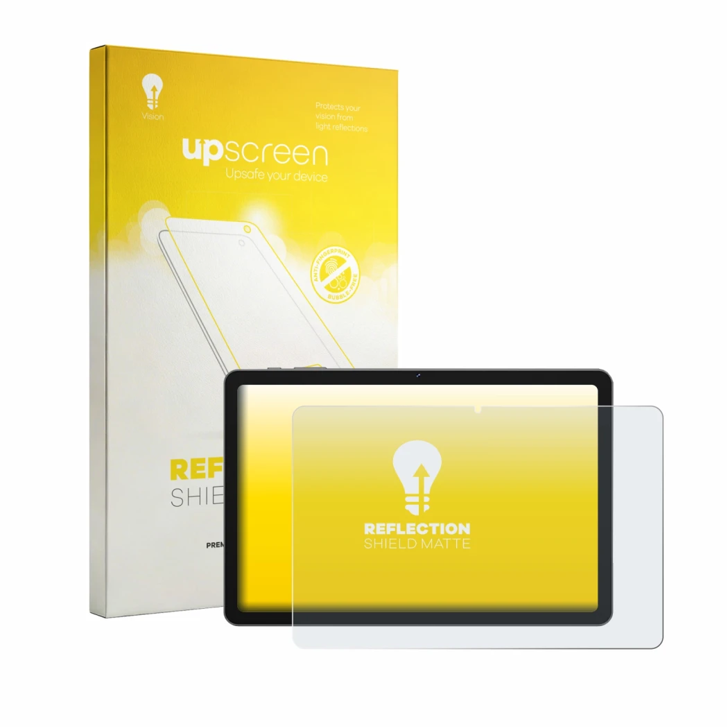 Parte frontal de un envase de producto con el logotipo de la marca upscreen. Al lado se muestra el dispositivo BNCF Bpad 10 co