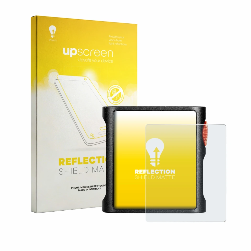 Parte frontal de un envase de producto con el logotipo de la marca upscreen. Al lado se muestra el dispositivo Shanling M0 Pur