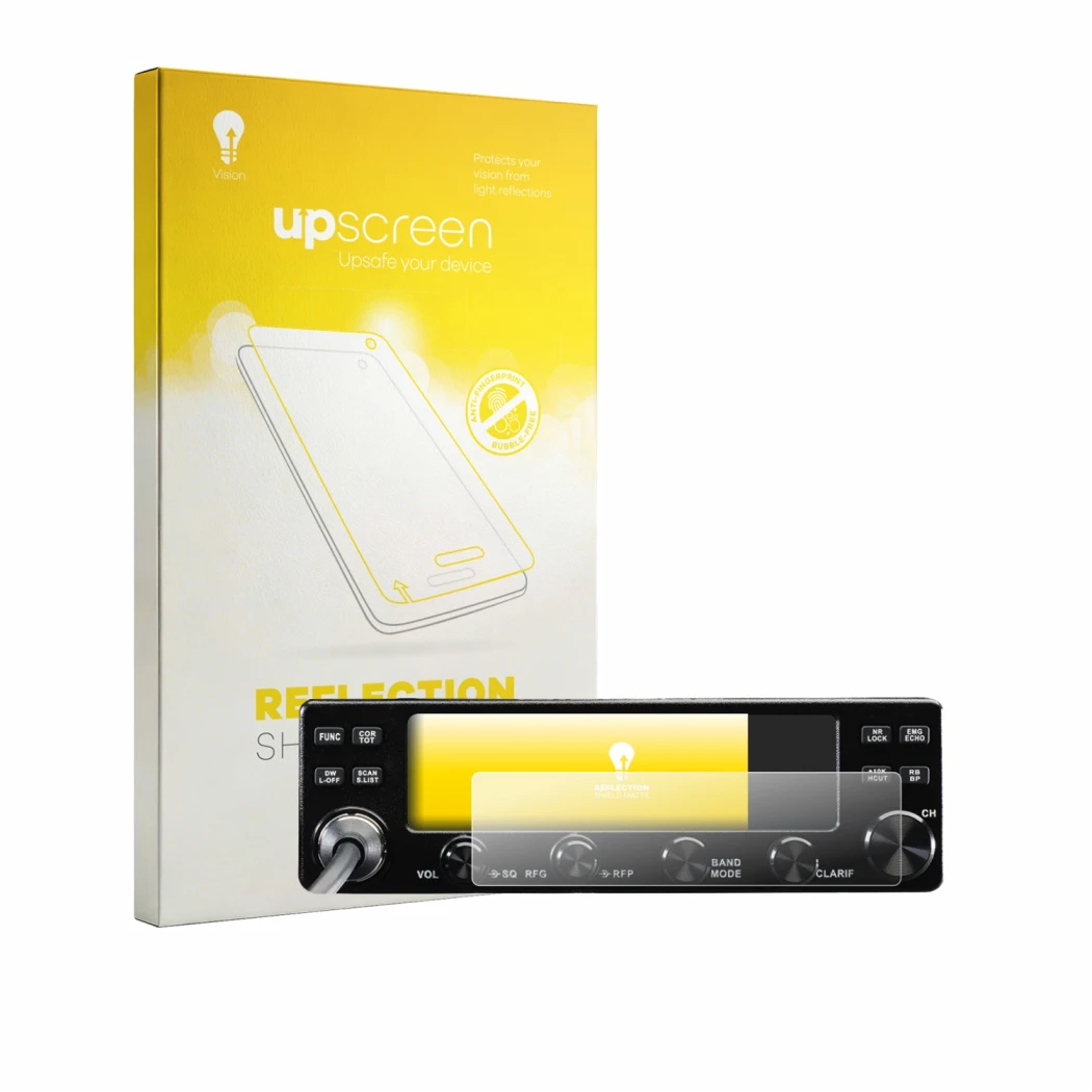 Parte frontal de un envase de producto con el logotipo de la marca upscreen. Al lado se muestra el dispositivo Midland 8001 Pr