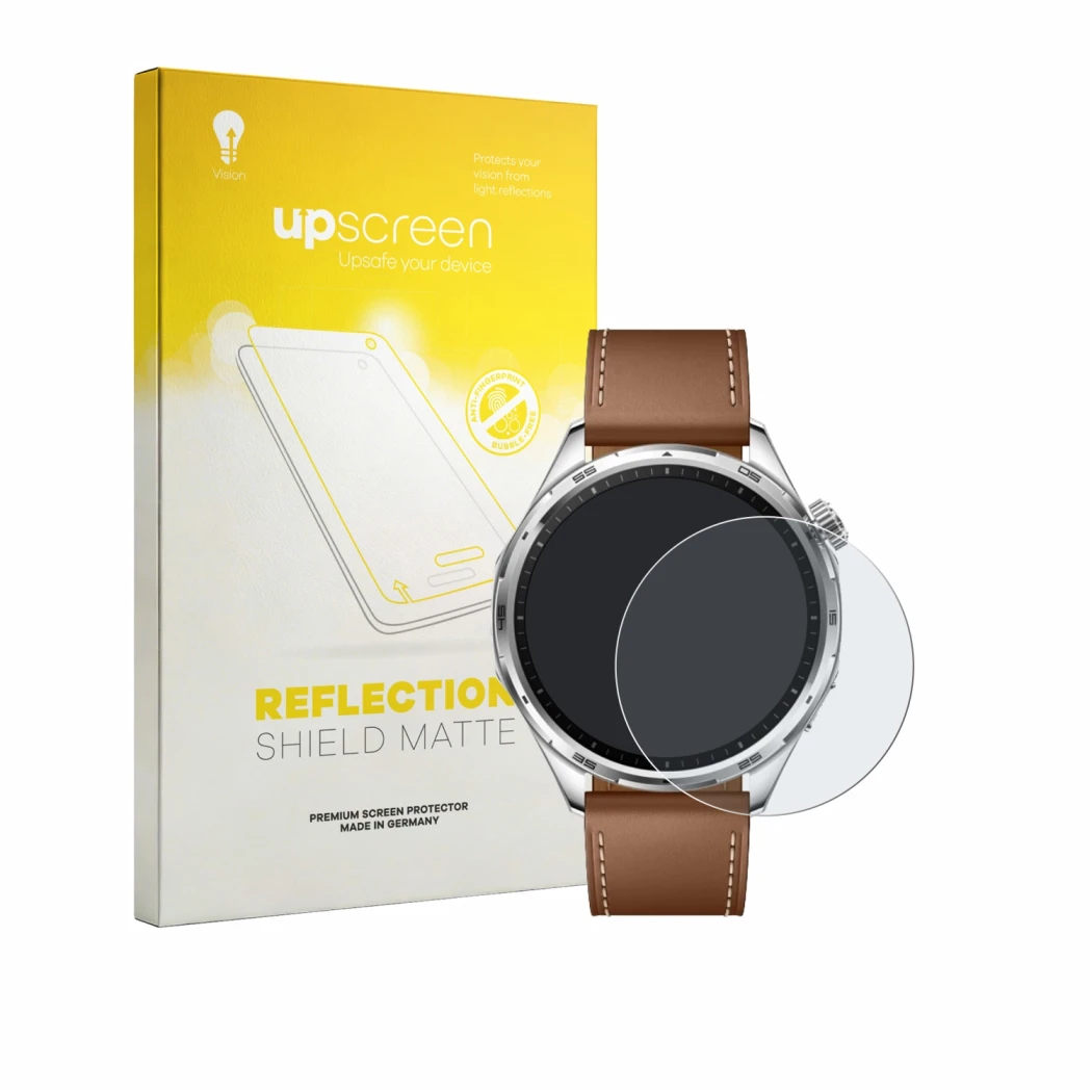 Parte frontal de un envase de producto con el logotipo de la marca upscreen. Al lado se muestra el dispositivo Honor Watch 6 c