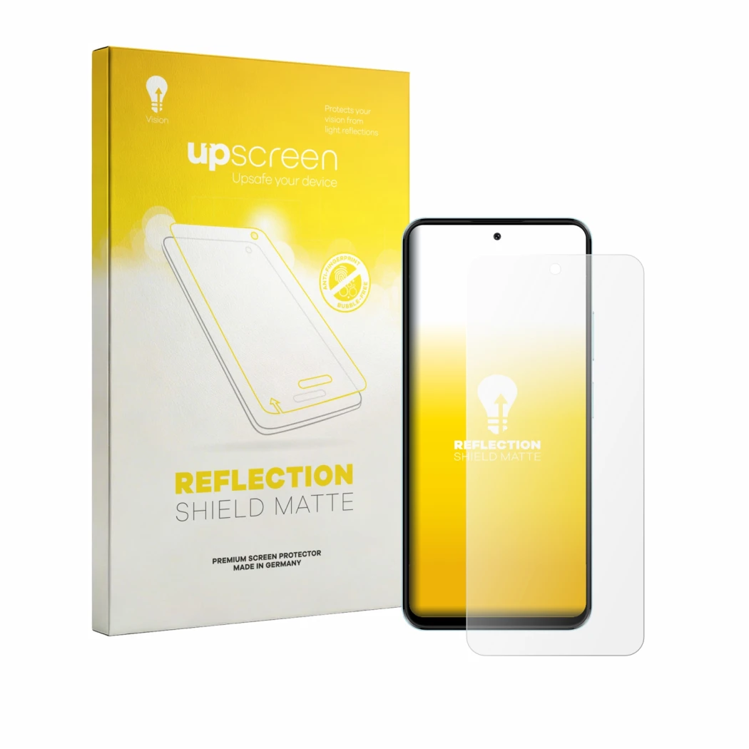 Parte frontal de un envase de producto con el logotipo de la marca upscreen. Al lado se muestra el dispositivo HMD Luma con su