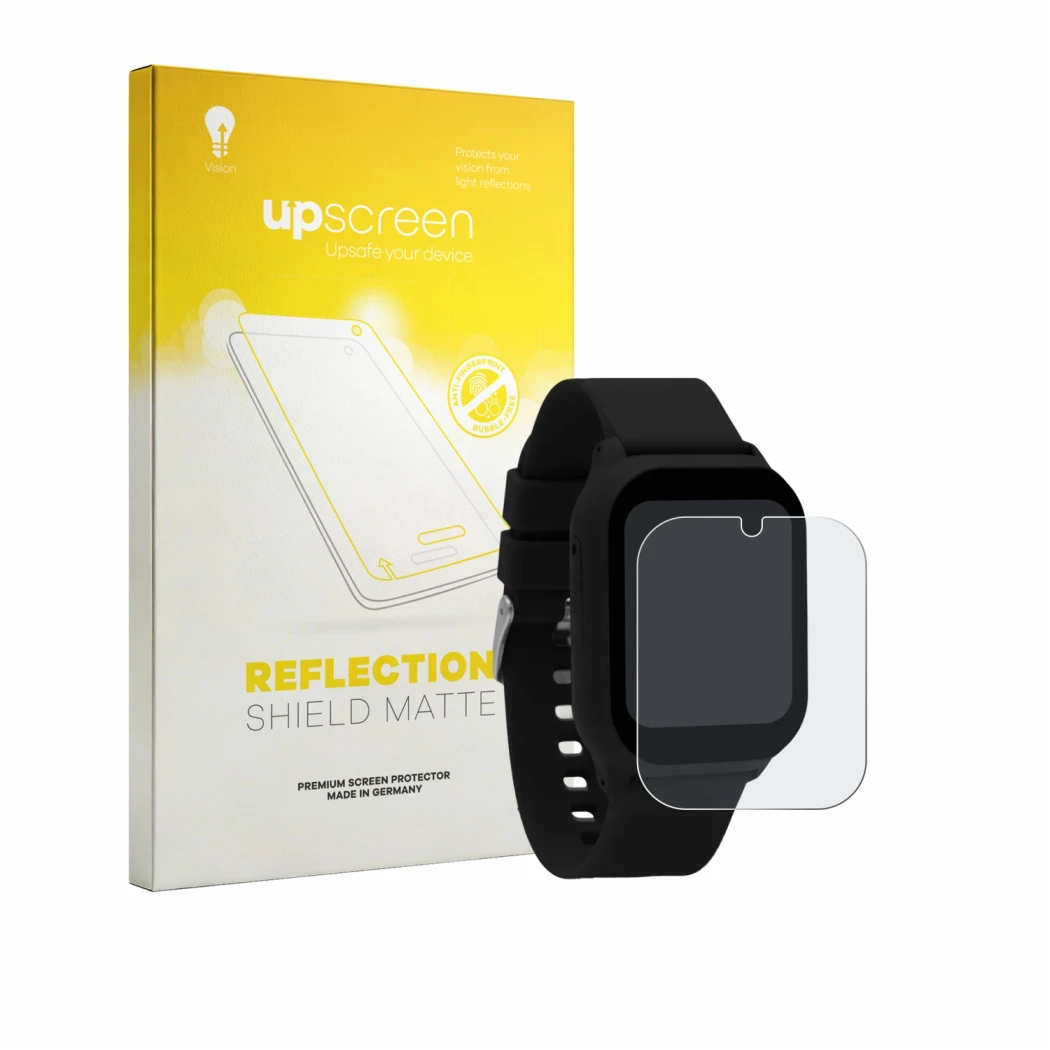 Parte frontal de un envase de producto con el logotipo de la marca upscreen. Al lado se muestra el dispositivo One2Track Conne