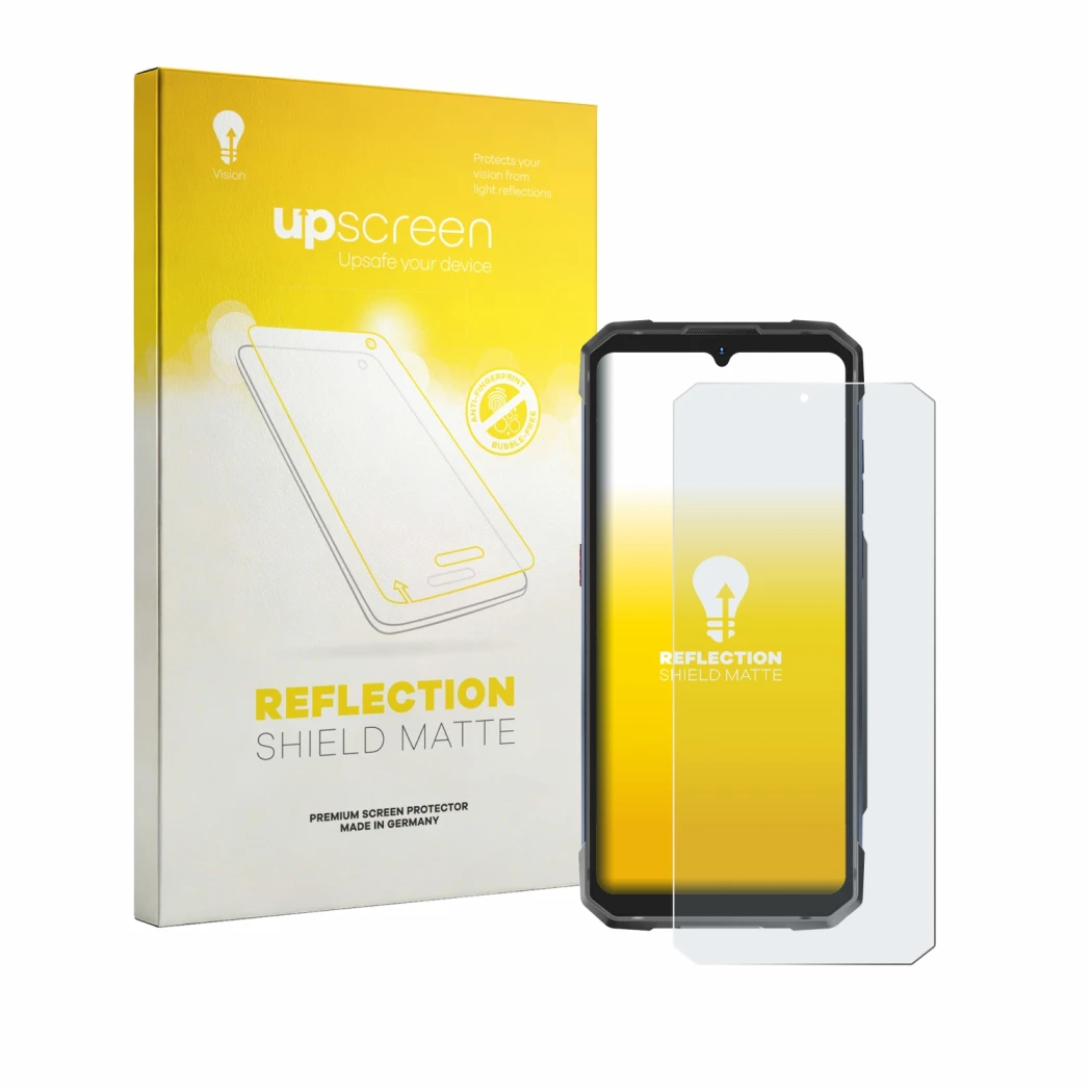 Parte frontal de un envase de producto con el logotipo de la marca upscreen. Al lado se muestra el dispositivo Hotwav Cyber 18