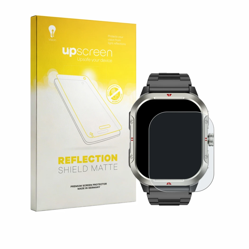 Parte frontal de un envase de producto con el logotipo de la marca upscreen. Al lado se muestra el dispositivo Jugeman V10 2.0