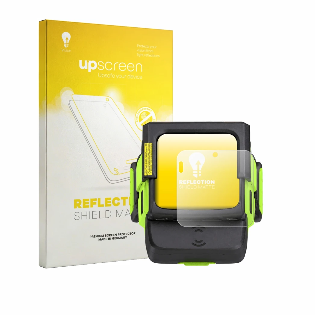 Parte frontal de un envase de producto con el logotipo de la marca upscreen. Al lado se muestra el dispositivo Zebra WS501 con