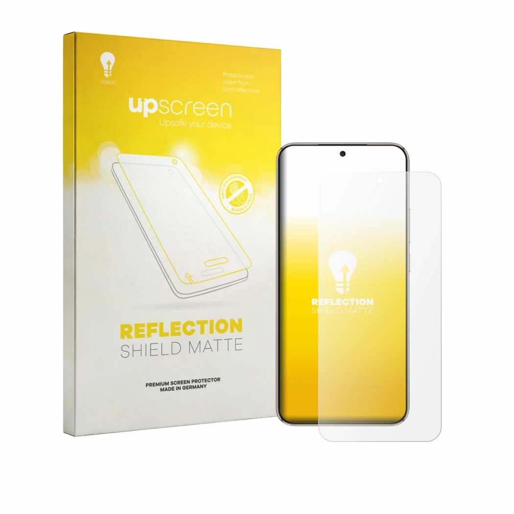 Parte frontal de un envase de producto con el logotipo de la marca upscreen. Al lado se muestra el dispositivo Honor X 70 Pro