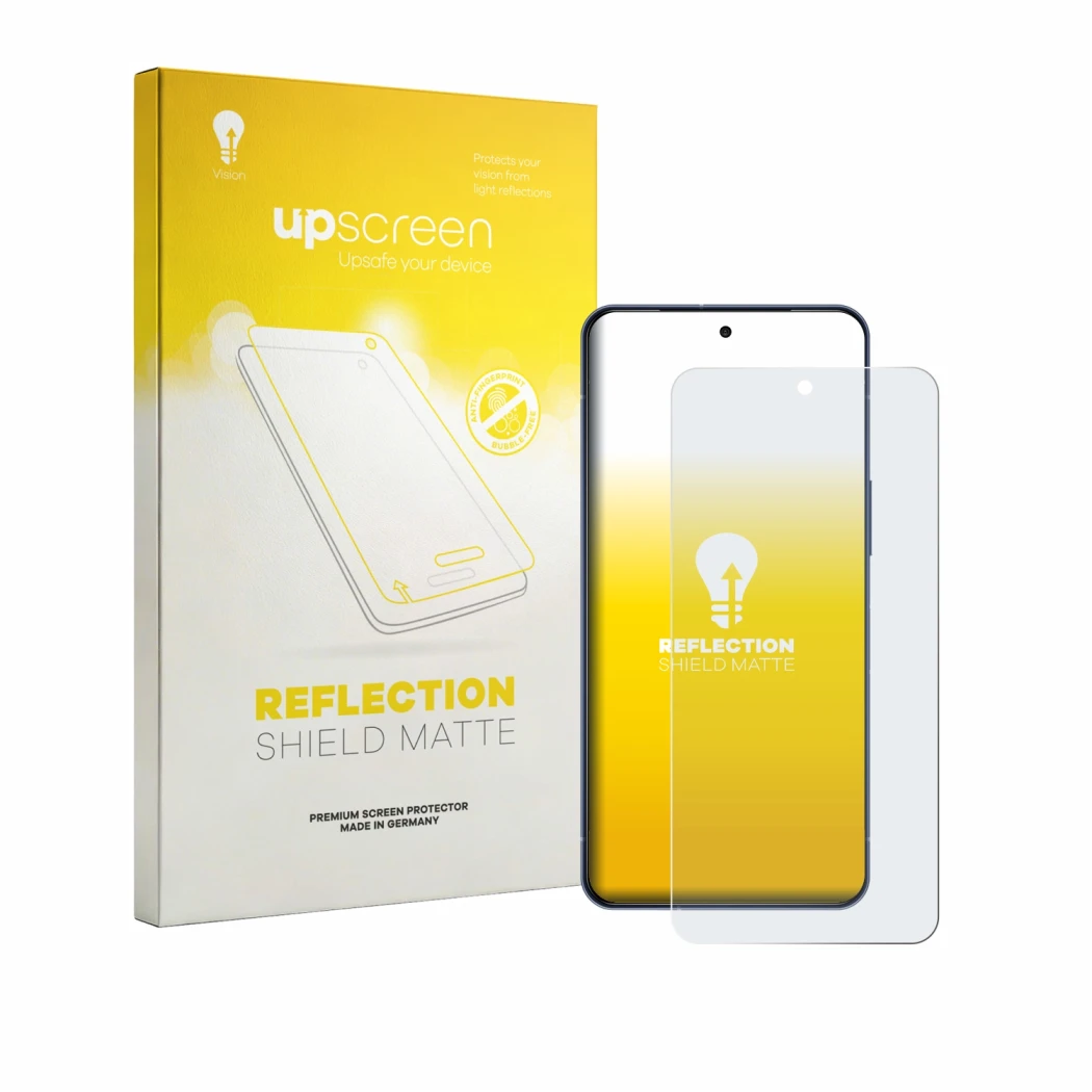 Parte frontal de un envase de producto con el logotipo de la marca upscreen. Al lado se muestra el dispositivo Sharp Aquos R11
